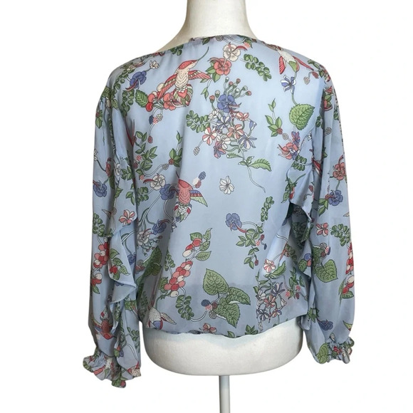 Nanette Lepore Blue Floral Bird Sheer Blouse Large Business Casual Elastic Waist - Picture 4 of 10